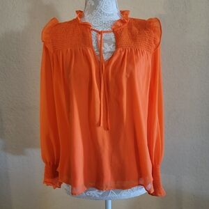 1 State Women's Orange Ruffle Tie Neck Long Sleeve Blouse Sz S
